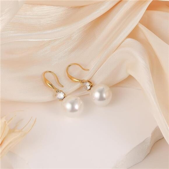18K Gold-Plated Classic Pearl Drop Earrings – CZ Accents, Seashell Pearls - Picture 6 of 7